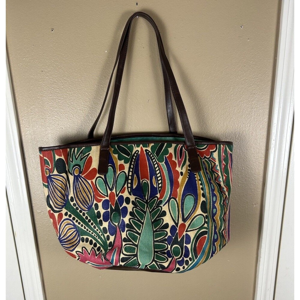 Neiman Marcus Large Tote Bag Aqua Colorful Tropical Beach Vacation Straw Hawaii